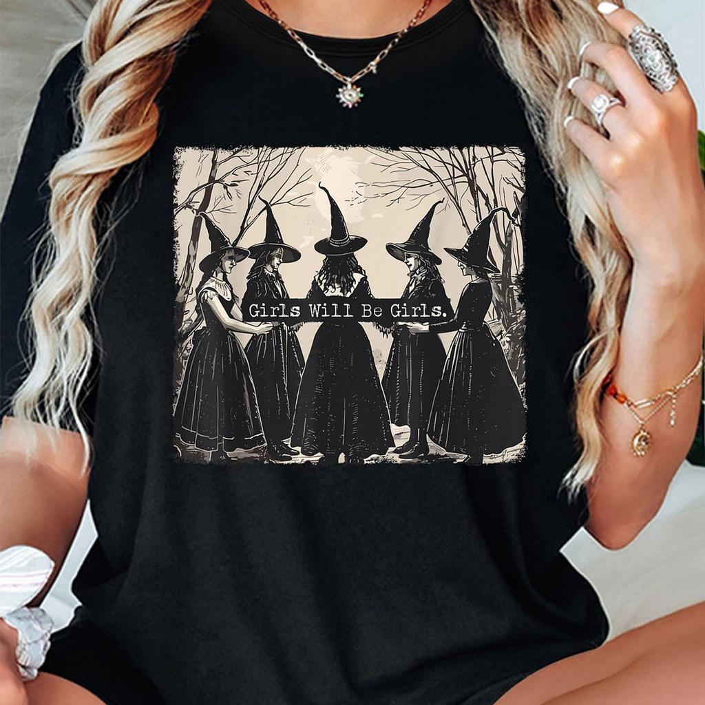 GIRLS WILL BE GIRLS Witch In the Forest Print Sport Crew Neck T-shirts Spring Summer Short Sleeve T-shirts Tops Loose Shirt