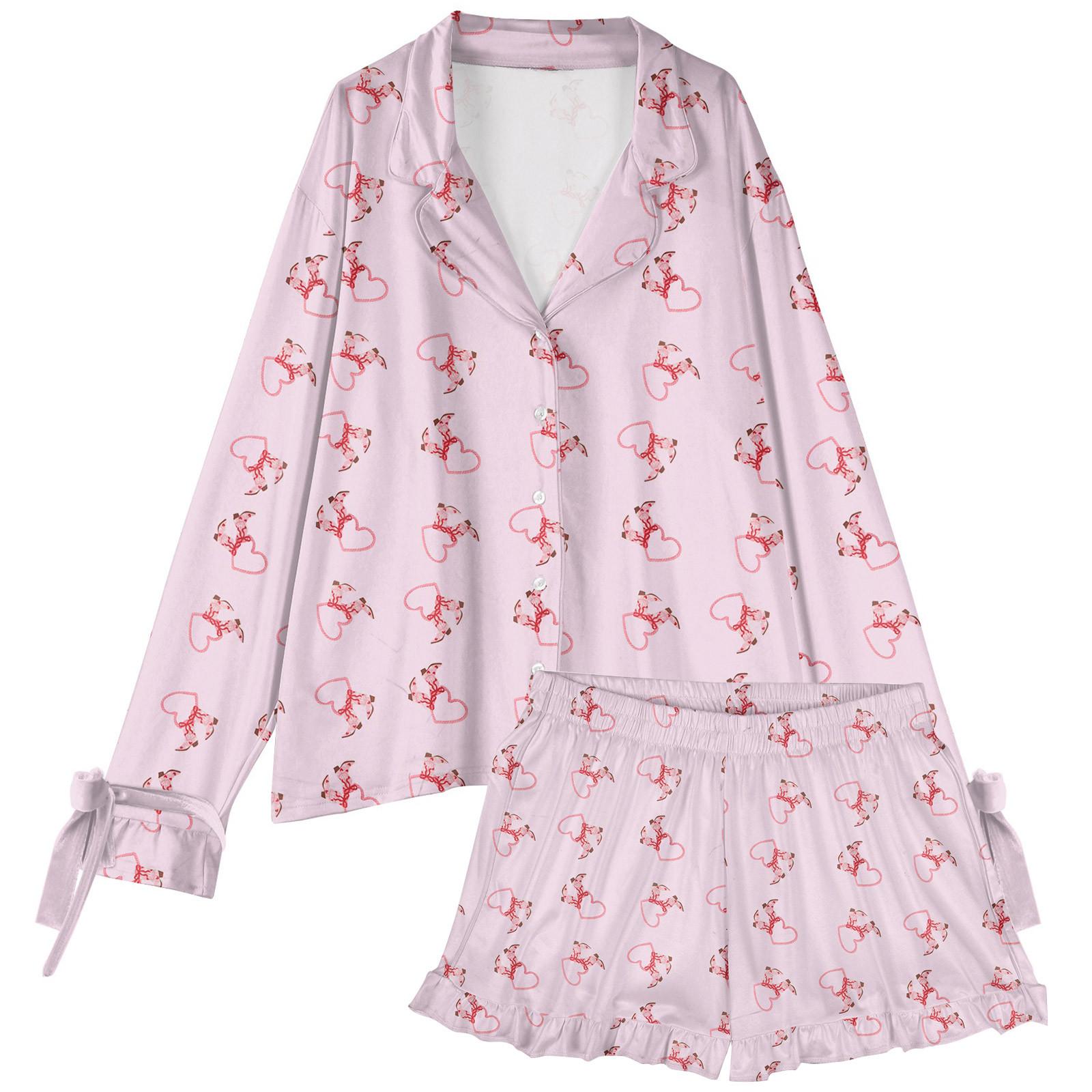 

Женский костюм из 2 предметов с принтом, топ на пуговицах с длинными рукавами, широкие брюки, комплект, пижамный домашний повседневный костюм S розовый