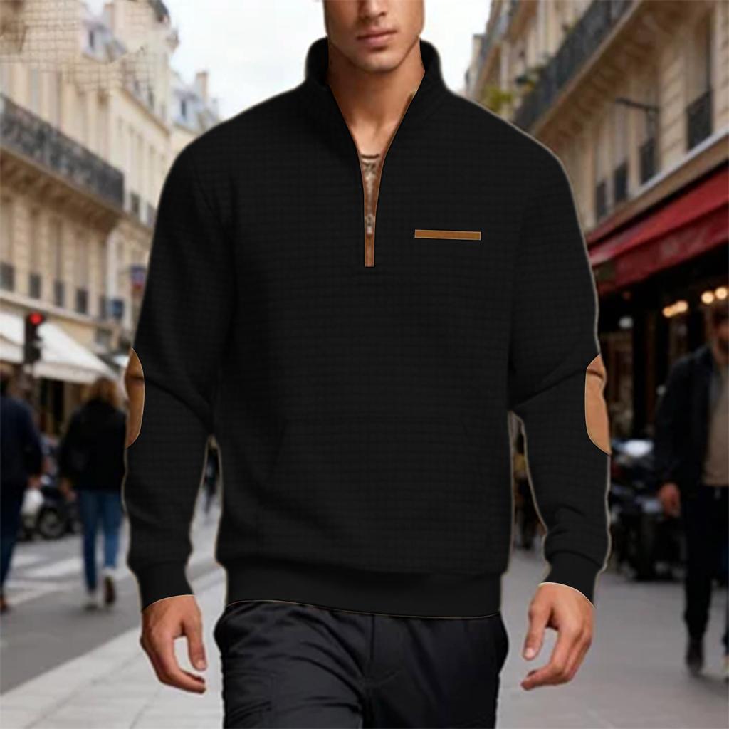 Men's Casual Oversized Solid-Color Outdoor Small Check Stand-Up Collar Half-Zip Sweatshirt
