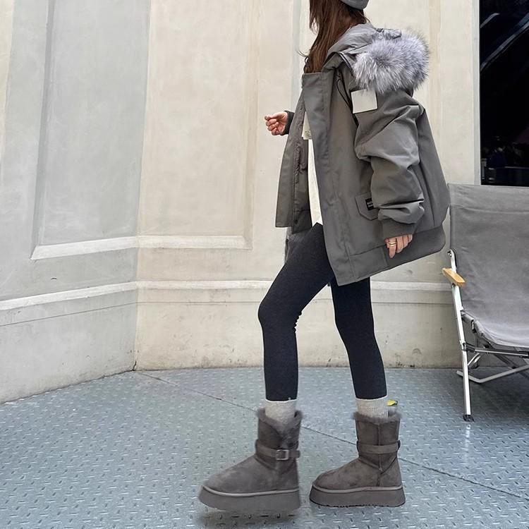 Cowhide~ 2025 winter wool integrated gray snow boots women's thick-soled heightened velvet thickened long-tube snow cotton shoes