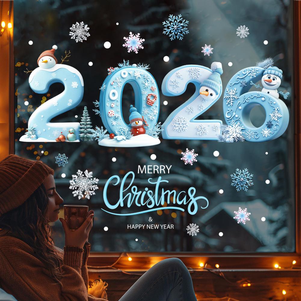 2026 Merry Christmas Window Removable Waterproof PVC Winter Christmas Happy New Year Static Glass Sticker Holiday Party Decor