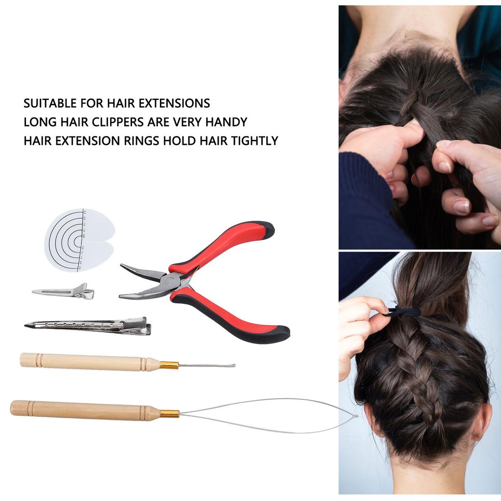 Micro Rings Bead Device Tool Kit Wooden Handle Pulling Hook Needle Hair Extensions Bead Spacer Template Set