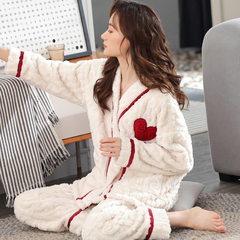 Pajama Women's Autumn/Winter Coral Velvet Set New Women's Flannel and Fleece Thickened Warm Home Wear