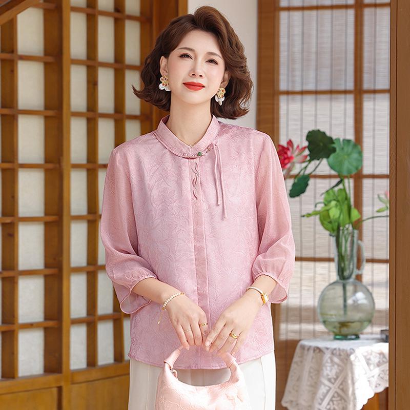 

Elegant Chinese Summer Three-Quarter Sleeve Shirt for Women 2026: Age-Defying Top for Middle-Aged & Elderly, Hides Tummy 2XL (Recommended 95-115 jin) рожевий