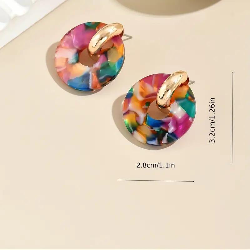 Vintage Acrylic Colorful Spliced Circul Stud Earrings for Women Ladies Creative Design Hollow Earrings Party Jewelry Accessories