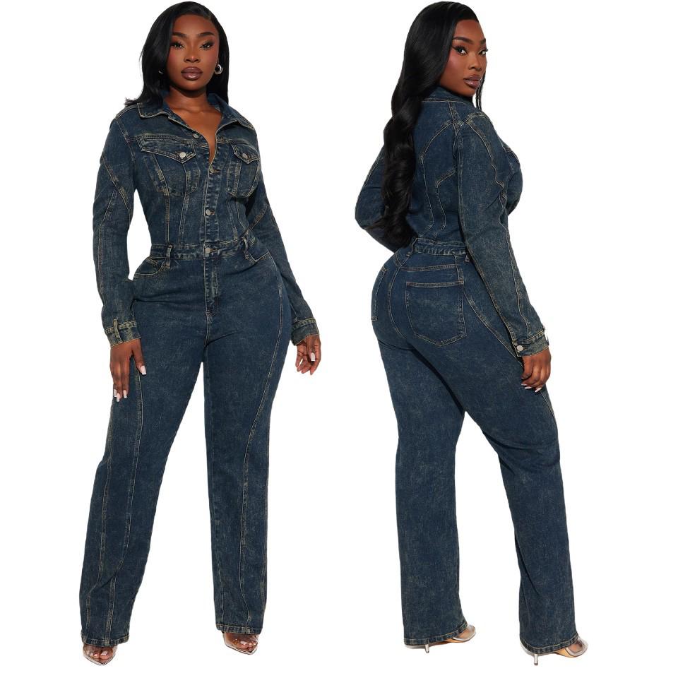 6039 Tie-Dye Washed Long Sleeve Patchwork Denim Jumpsuit Romper