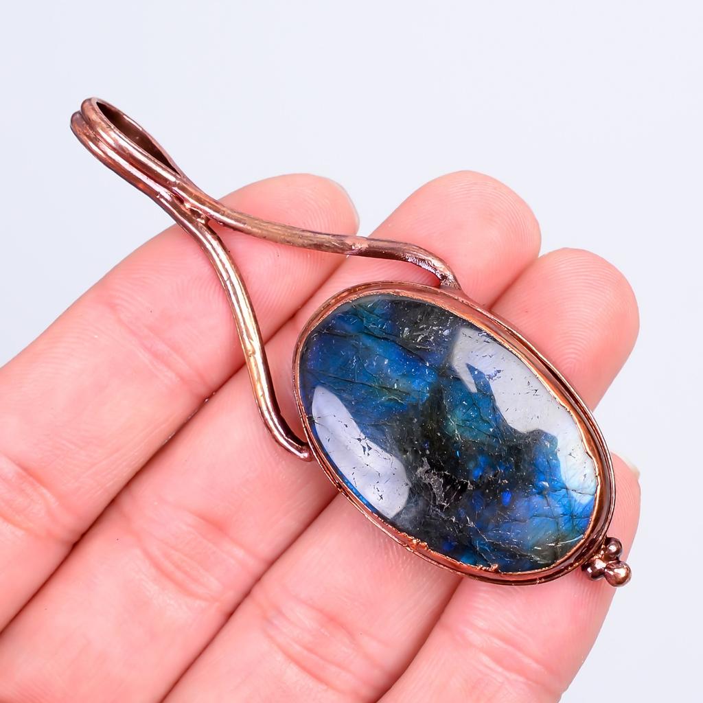 Ovaler Natürlicher Labradorit Kupfer Elektrogeformt Bester Freund Geschenk Anhänger Schmuck V-51