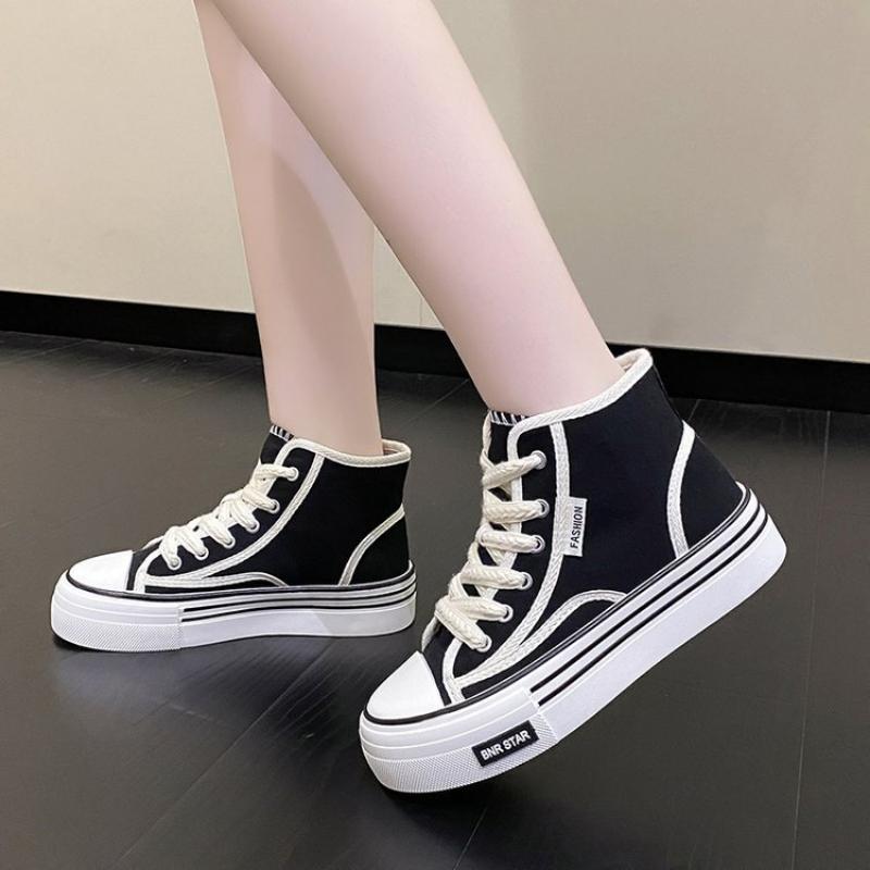 Spring, Summer, Autumn and Winter Women's Shoes Women's Sneakers Canvas Shoes Mid-cut Round Toe Lace-up Casual All-match Shoes