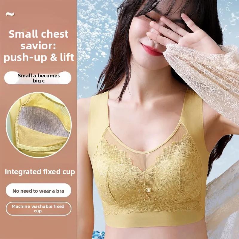 Plus Size Lace Bandeau Vest Bra, Wireless Fixed Cup Push Up Side Gathering Anti-Exposure Seamless Comfort Women Bra