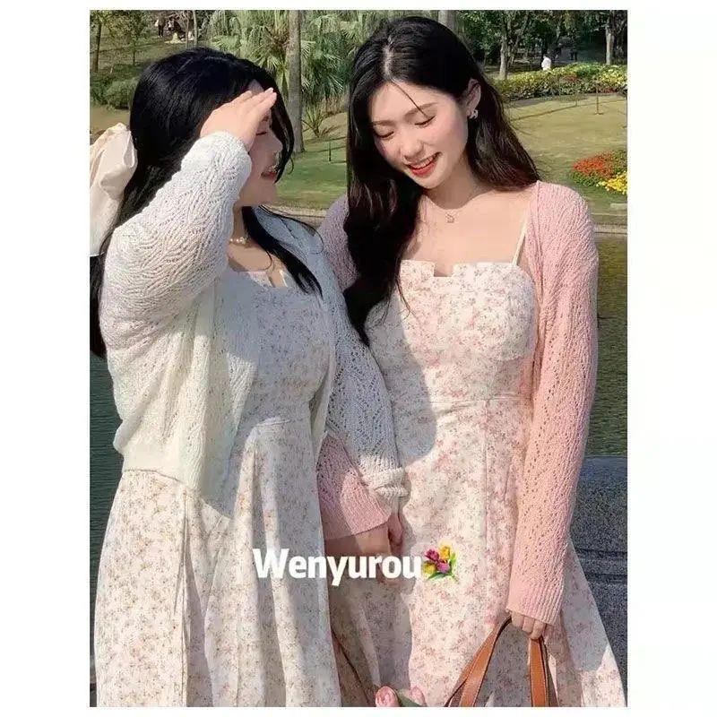 

2023 Весна и Осень Слегка Свободный Девочковый Костюм Платье Нежное Цветочное Платье на Бретелях Женская Верхняя Одежда Подчеркивающий Фигуру Вязаный Кардиган White 4XL