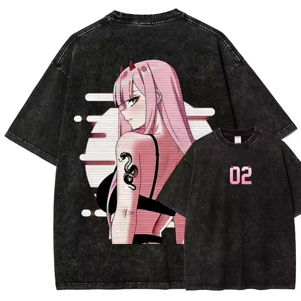 Unisex Vintage Washed Summer Short Sleeve T shirt With Zero Two Anime Print From DARLING in the FRANXX T shirt