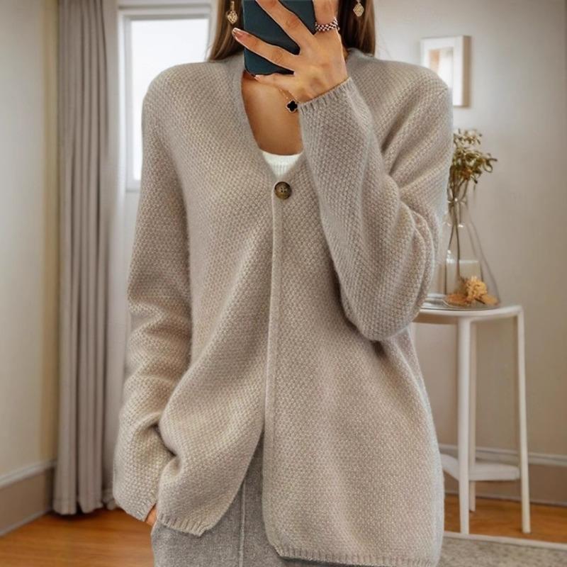 

Женская одежда Осень Зима Новый В-образный вырез Однотонный Вязаный кардиган с длинными рукавами для простого жакета на одной пуговице S верблюд