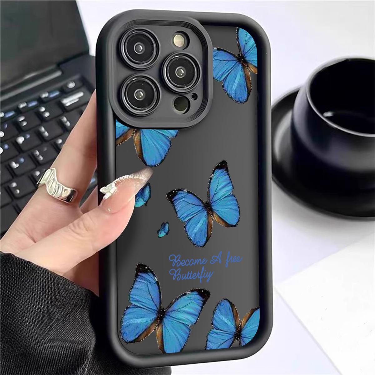 

Blue Butterflies Sandpaper Design iPhone 15/16/17 Case with Sky Eye Black Grooves Galaxy S25 Plus/Pro чёрный