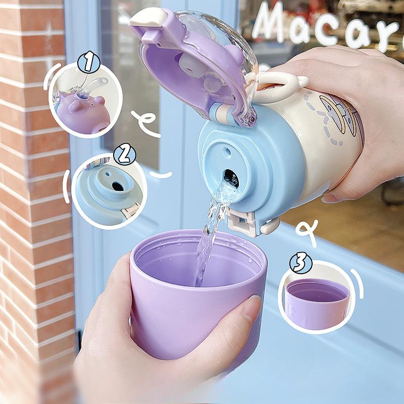 500ml Cute Cartoon Kids Insulated Water Bottle with Straw, 304 Stainless Steel Thermos for School Travel