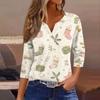 Women's Fashion Casual Christmas Print V-Neck Button Three-Quarter Sleeve T-Shirt Top
