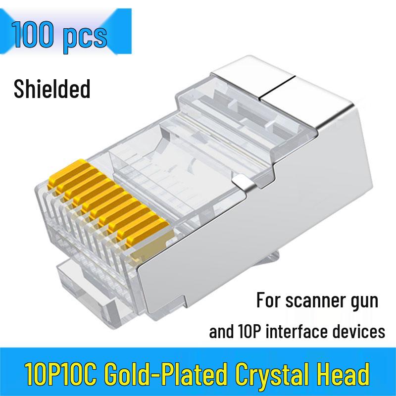 10P10C Gold-Plated RJ48 Network Cable Connector - Ten-Core Crystal Head for Scanner Connection.