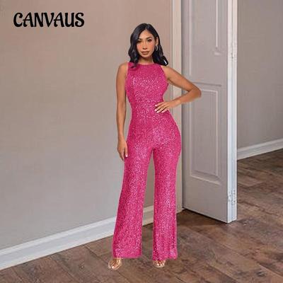 Dámsky módny bez rukávov s okrúhlym výstrihom, priliehavý, temperamentný overal s vysokým pásom a flitrami