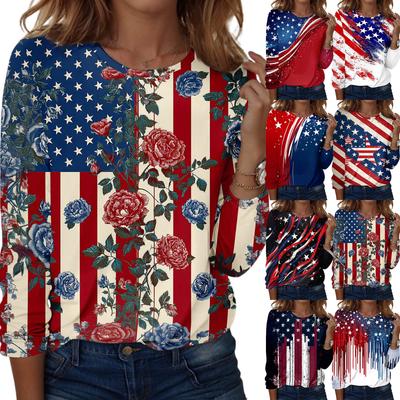 Women’s Long Sleeve Crew Neck Pullover Top with Flag and Floral Print Casual Loose Fit Lightweight Sweatshirt for Everyday Wear
