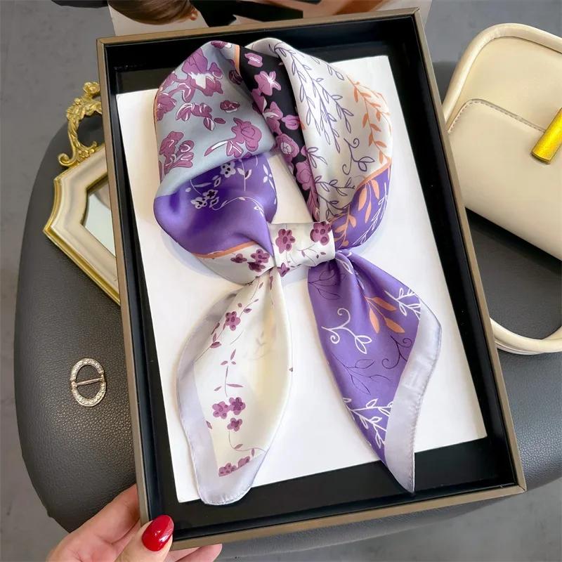 New Purple Luxury Floral Print Silk Square Scarf Women Soft Satin Hairband Hands Bag Ribbons Foulard Neckerchief Headband Hijab