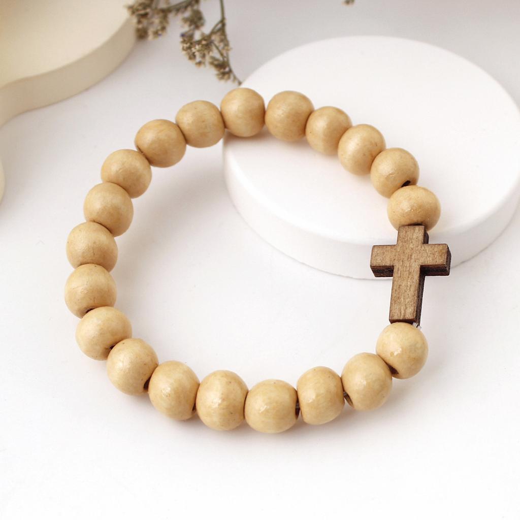 Men's Solid Color Wood Bead Cross Pendant Bracelet European and American Style Black Wood Retro Handmade Bracelet