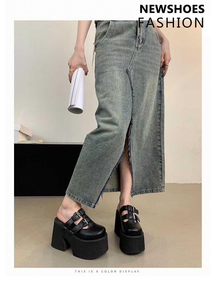 Fashion 11cm Block Heels Shoes Black Close Toe Slippers Punk Buckle Platform Chunky Heeled Sandals Summer Women Leisure Sandalias Mujer