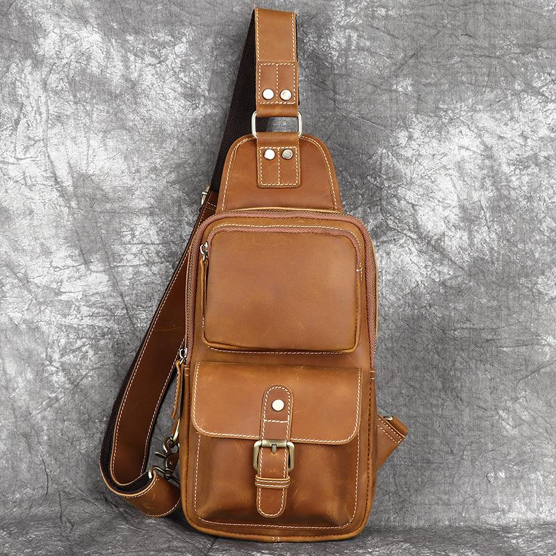 

Crazy Horse Leather Men s Chest Bag, Genuine Leather Retro Casual Waist Bag, Top Layer Cowhide Crossbody Bag коричневий