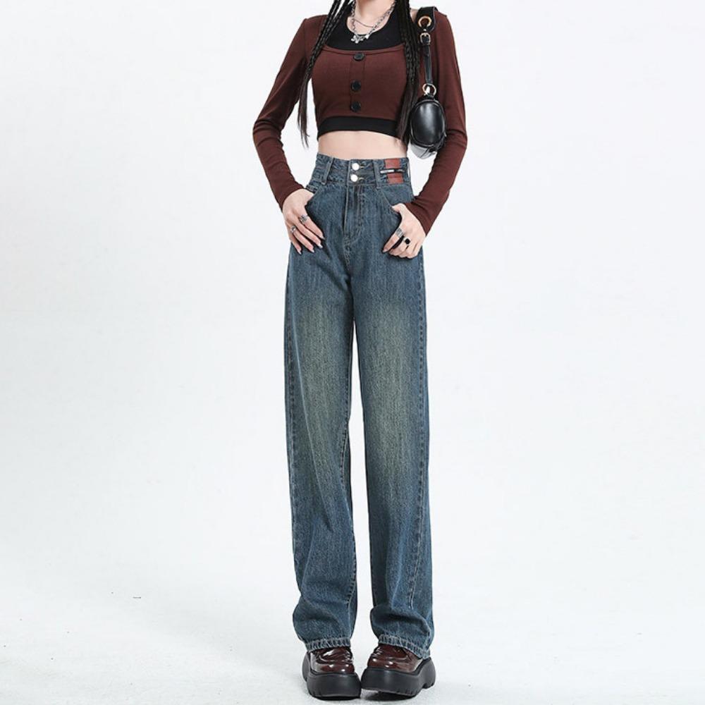 

Double-button wide-leg pants, jeans, women s new autumn and winter models, high-waisted, thin and drape, loose mopping straight pants 2XL сине серый
