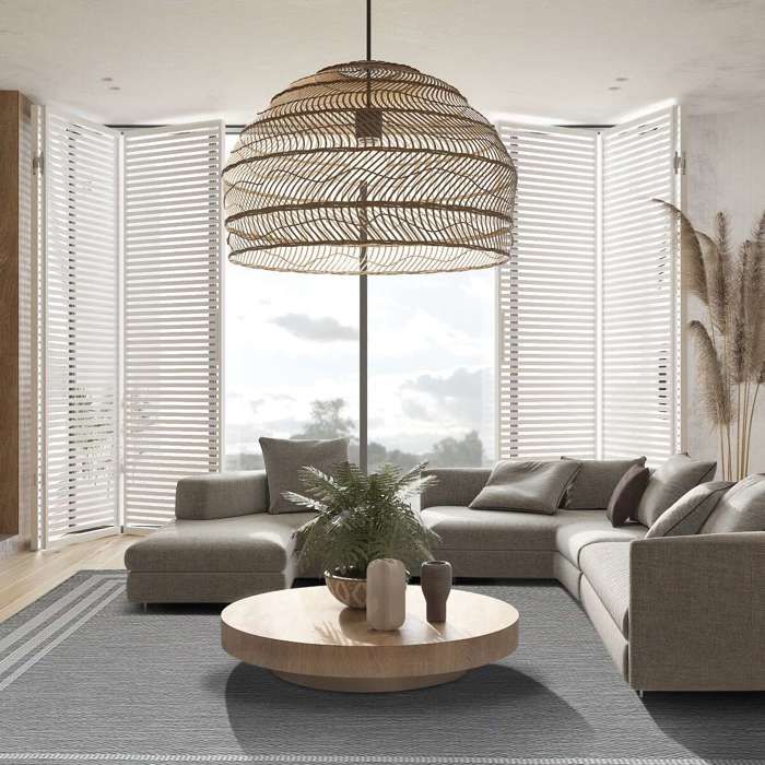 Tapis salon aspect jute motif cadre gris clair 133x170