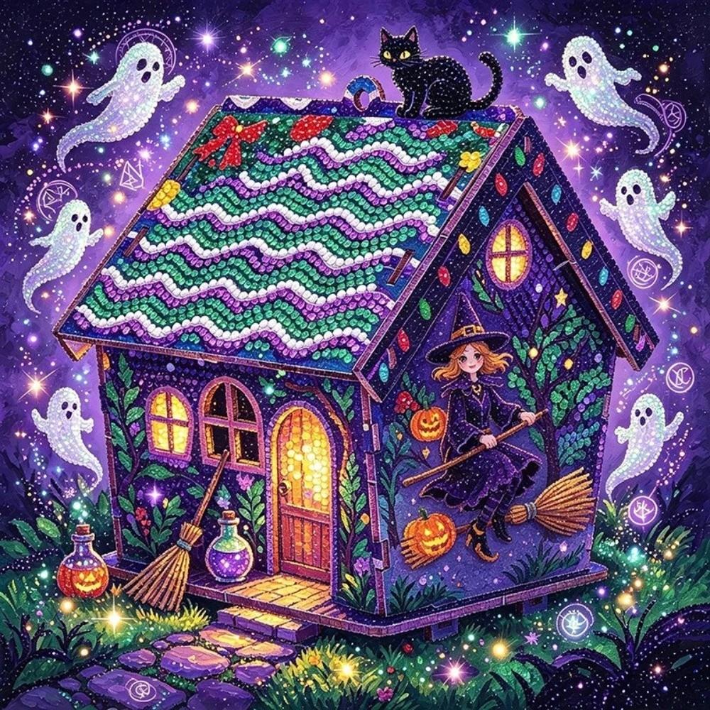 3D Wooden House Halloween Rhinestone Painting Kit Cute Handmade Craft Set Party Decor