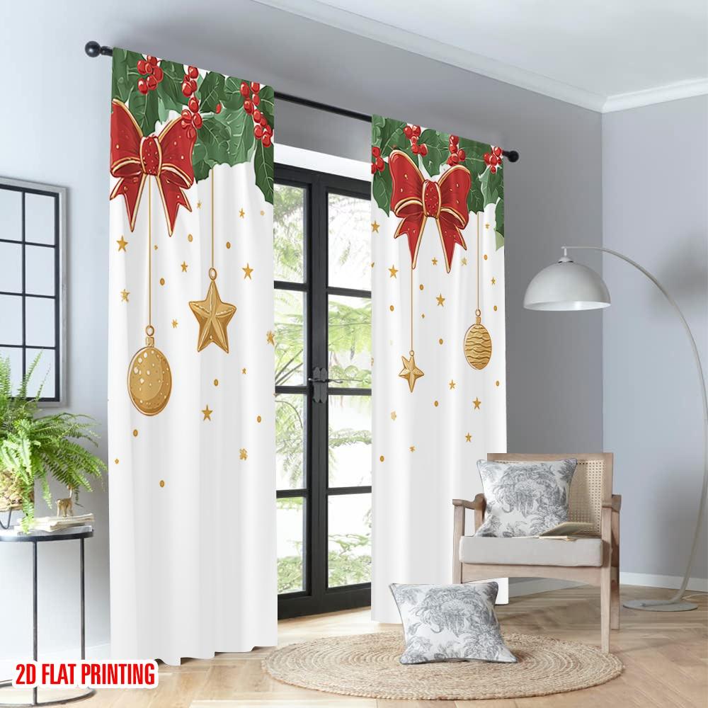 2pcs 2D flat printing Merry Christmas Curtains Christmas Holly Bow Stars Digital Printed Polyester Drapes Family Party Perfect