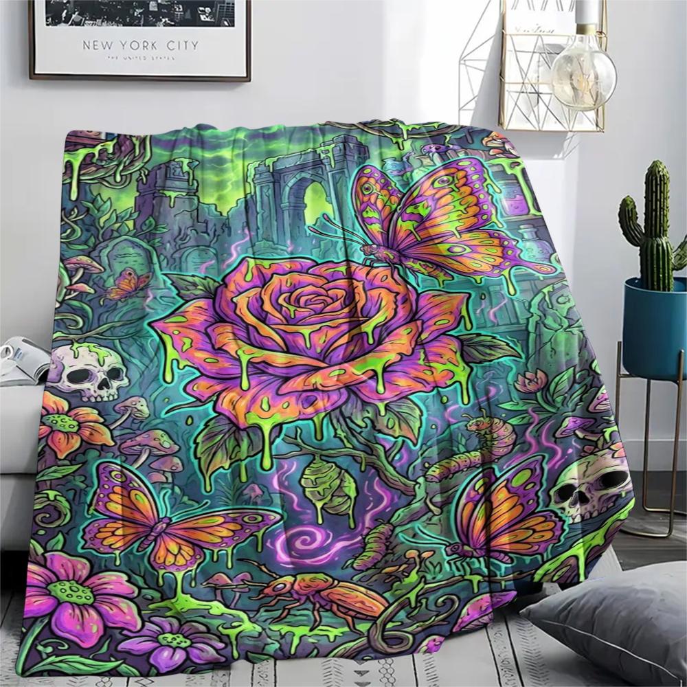 Corrosive Acid Skull and Rose Print Flannel Blanket,High Quality Comfortable for All Seasons,Home Decor,Warmth and Comfort,Perfect for Christmas Gifts