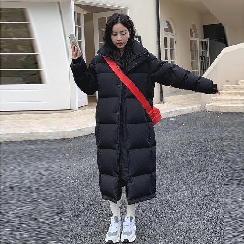 Black Down Cotton Coat Women's Long Winter Coat New Thick Cotton Jacket Chinese Opera Student Knee-high Cotton Coat Jacket