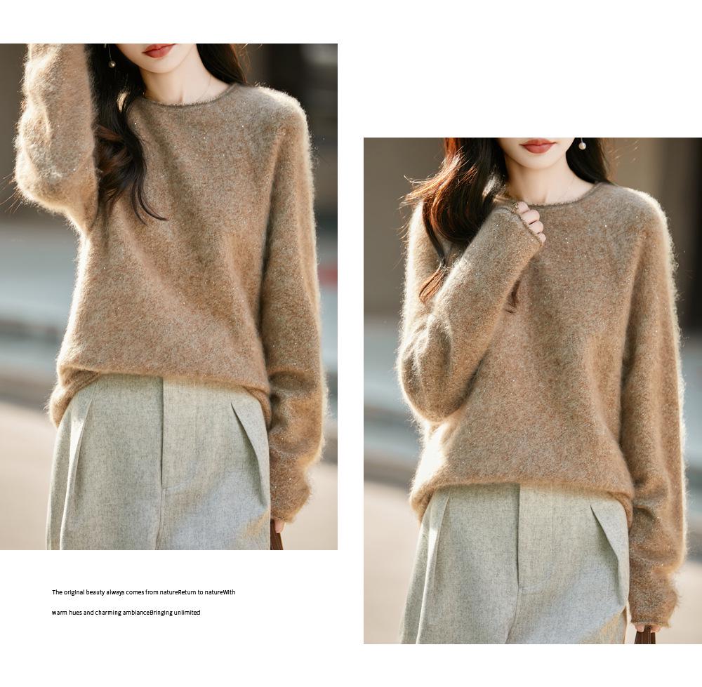Women's Plus Size Korean Style Marled Yarn Cashmere Wool Sweater - Loose Fit, Brushed, Round Neck