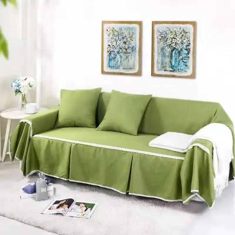 1/2/3/4-seater Sofa Cover for Living Room Solid Color Lace Edge Sofa Towel All-inclusive Dust Couch Cover Solid Slipcover