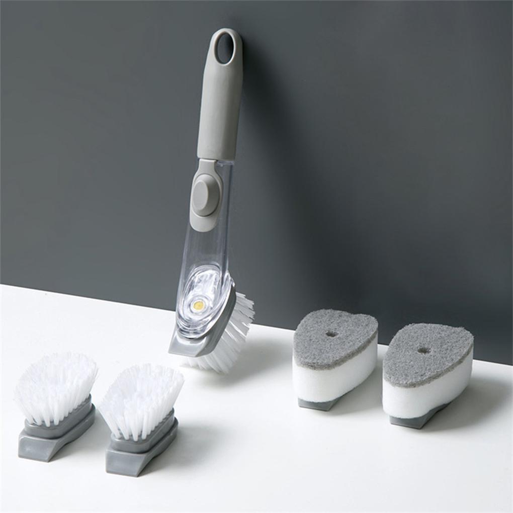 2-In-1 Plate Kitchen Cleaning Brush Removable Head Sponge Tools Dish Long Handle Scrubber Dispenser Pot Sink Household