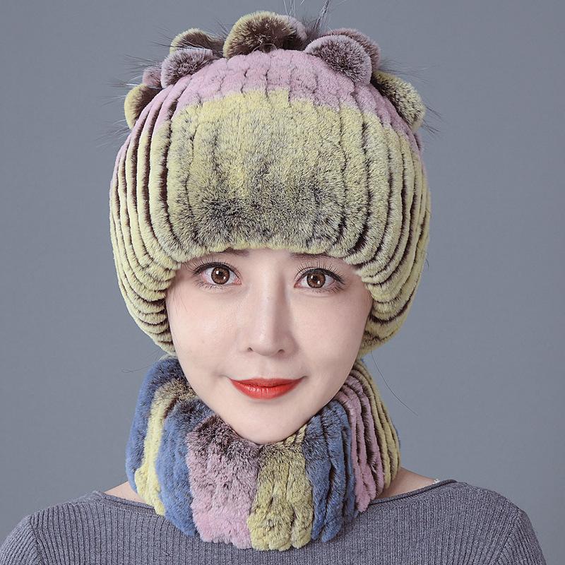 New Rex rabbit fur wool hat women's autumn and winter warm scarf fashion thickened ear protection flower suit tide