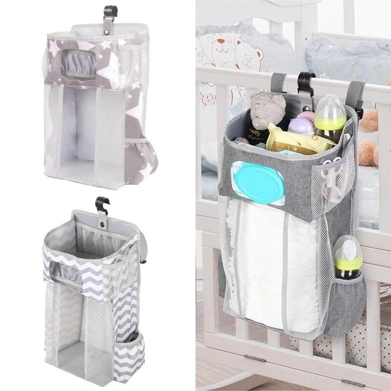 Gray Striped Baby Bedside Hanging Bag Ideal Storage Solution For Nursery