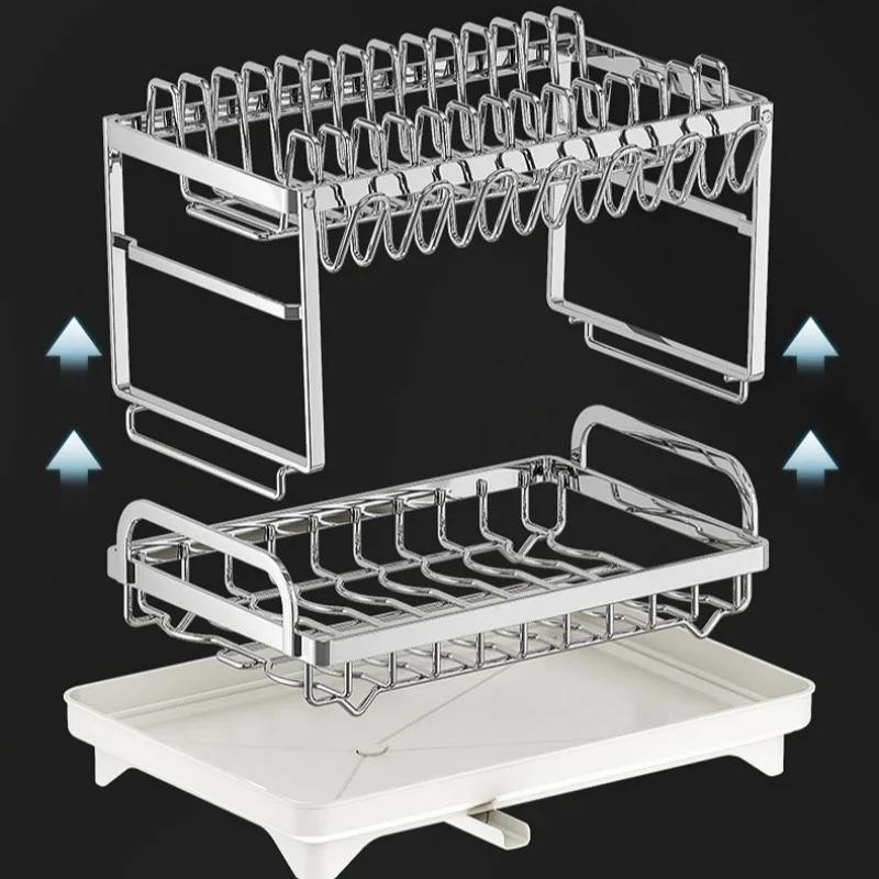 Adjustable 2-Tier Stainles Steel Dish Drying Rack Kitchen Plates Bowls Organizer Practical Dish Drainer & Utensils Storage Rack
