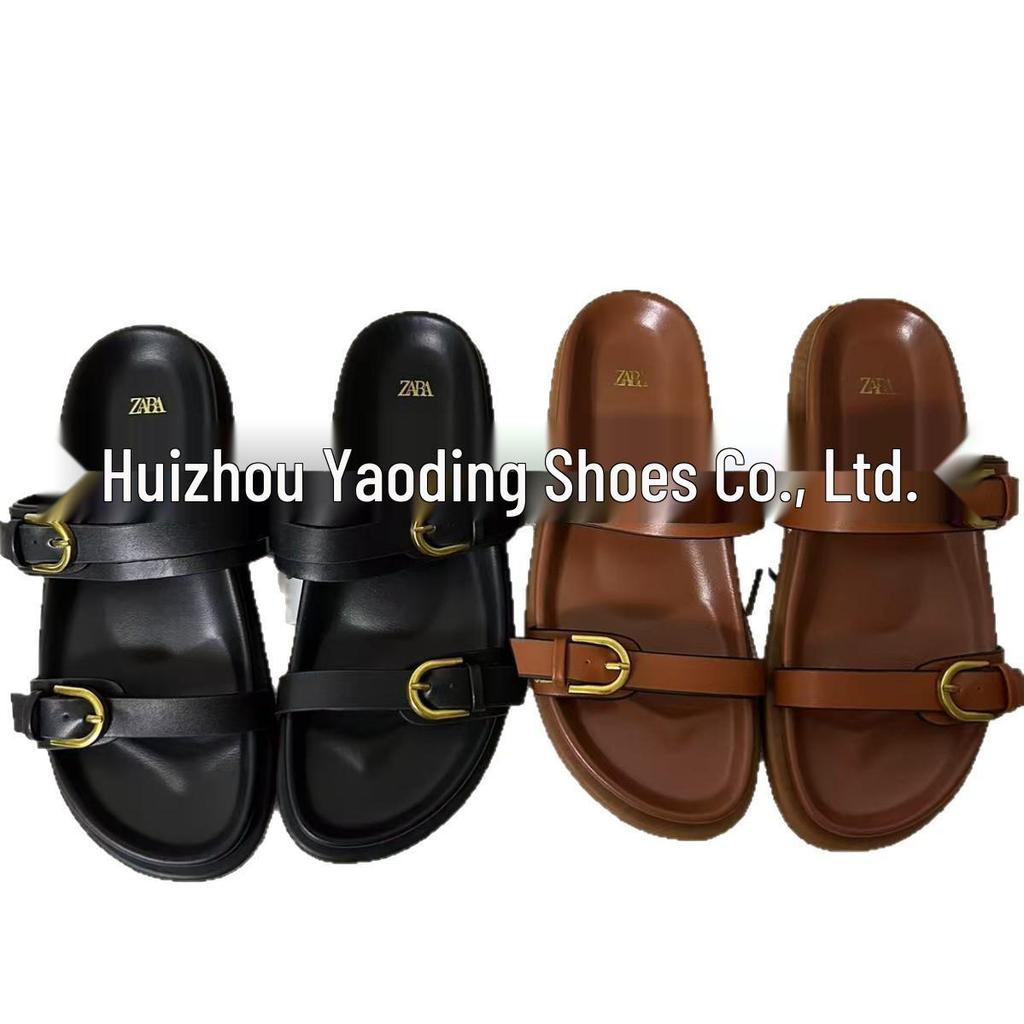 ZA2025 Women's Black One-Strap Backless Breathable Round Toe Flat Sandals