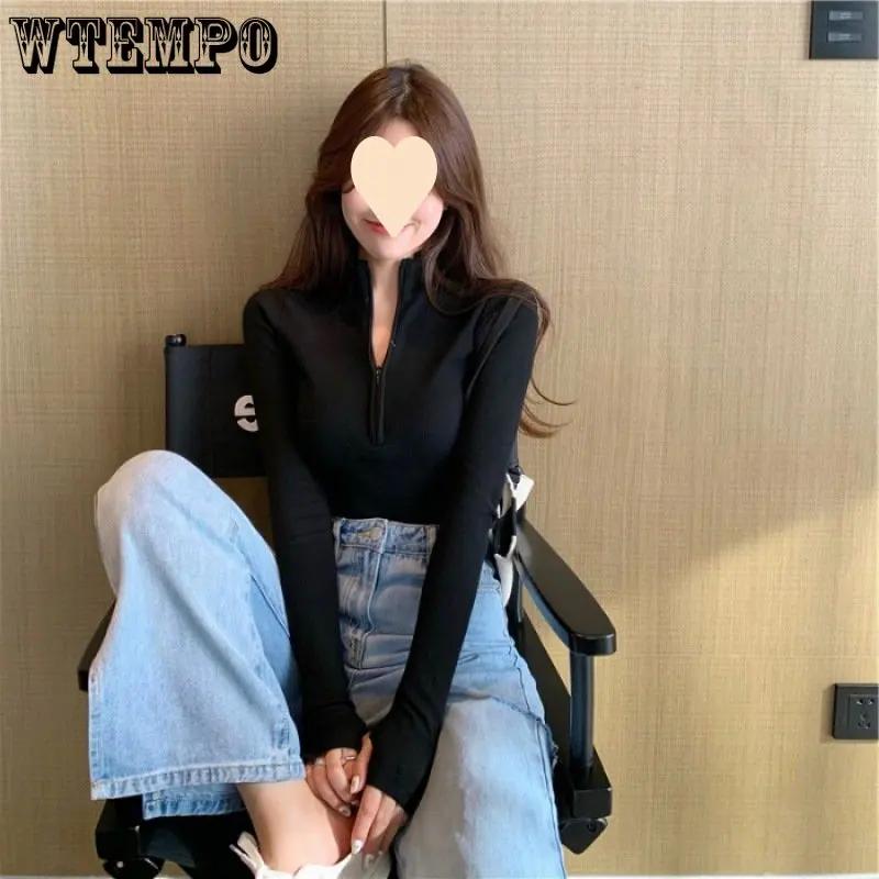 WTEMPO Elegant High Neck Half Zipper Front Knitted Sweater Women Solid Basic Cropped Pullover Summer Spring Fashion Clothing Sweater