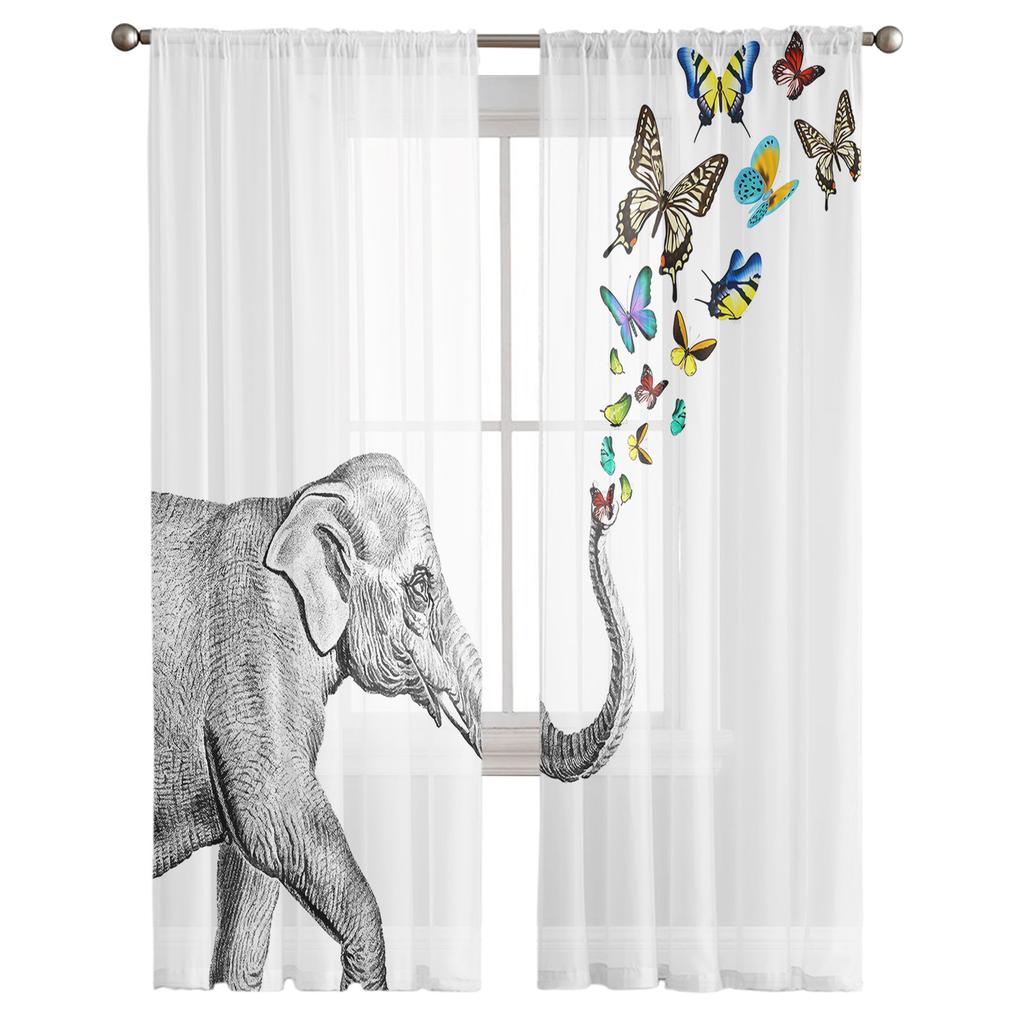Elephant And Butterfly Vintage Sheer Curtains for Living Room Voile Curtain Bedroom Bathroom Tulle Curtains Window Drapes