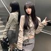 Girls Y2K Tees Zipper Bandage Printed T-shirts For Women Sexy Fashion Tops Long Sleeve Club Bar Wear For Lady