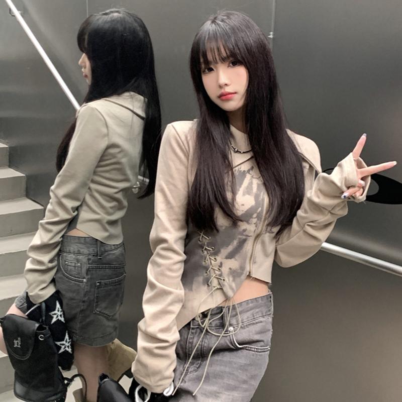 Girls Y2K Tees Zipper Bandage Printed T-shirts For Women Sexy Fashion Tops Long Sleeve Club Bar Wear For Lady