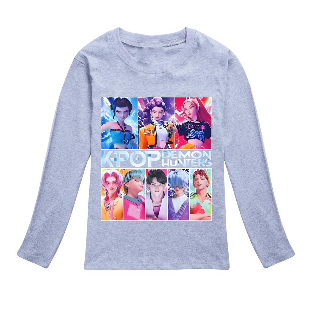 KPop Dämonenjäger T-Shirt Kinder Stilvolle Mode Cartoon Freizeitkleidung Jugend Mädchen Locker Rundhals-T-Shirts Jungen Langarm-Oberteile
