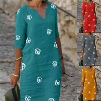 [Estampado Vintage] Vestido Feminino Vintage Estampado Patchwork Decote V Pequeno Manga Longa