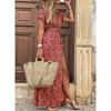 Women's Boho Print Short Sleeve High Waist Patchwork V-neck Beach Holiday Slimming Dress