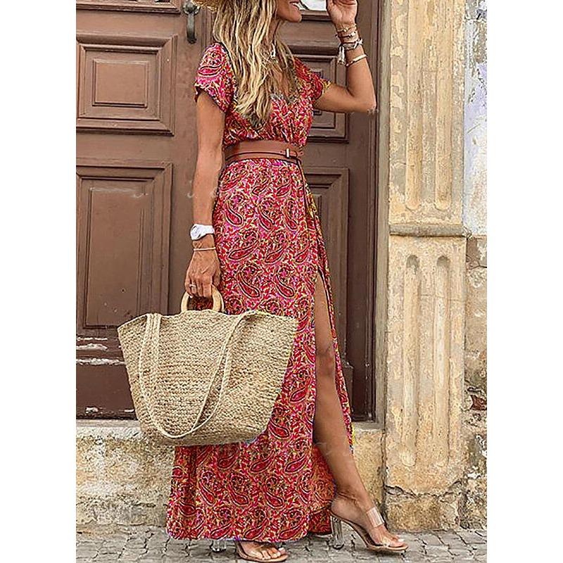 Women's Boho Print Short Sleeve High Waist Patchwork V-neck Beach Holiday Slimming Dress