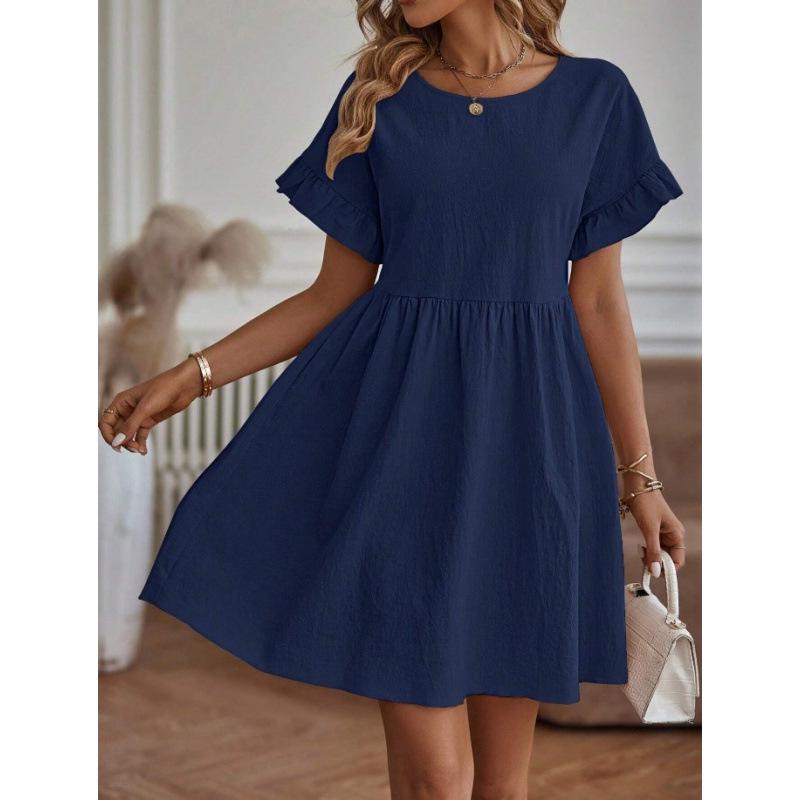 Ladies' Loose Cotton and Linen Skirt Dress with Round Neck and Pockets