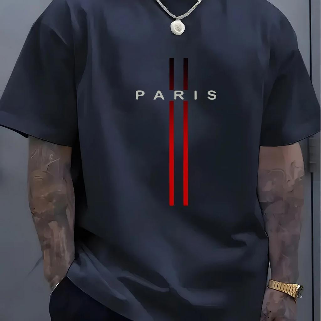 Summer Casual Loose PARI Letter Pattern Printed T-shirts Round Neck Short Sleeved Men's T-shirts