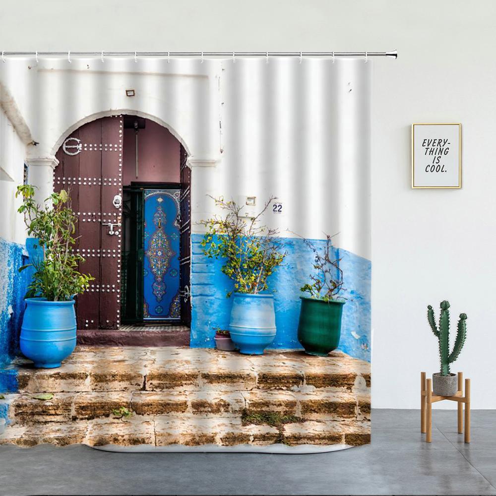 Blommor Vårlandskap Badrumsset Duschdraperi Gata Röd Rosa Blomma Retrodesign Trädgård Väggdekoration Hängande gardiner